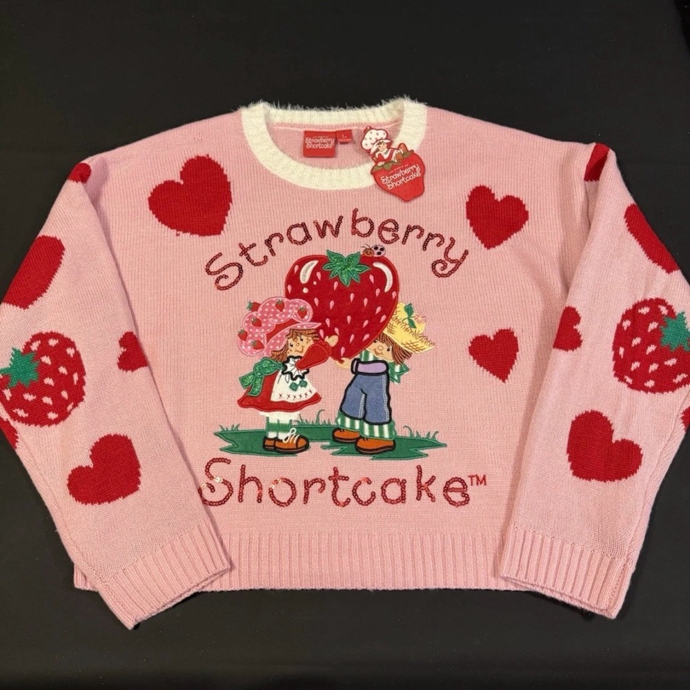 Strawberry Shortcake/Huckleberry Pie Sweater Women’s L Soft Pink Sparkles
